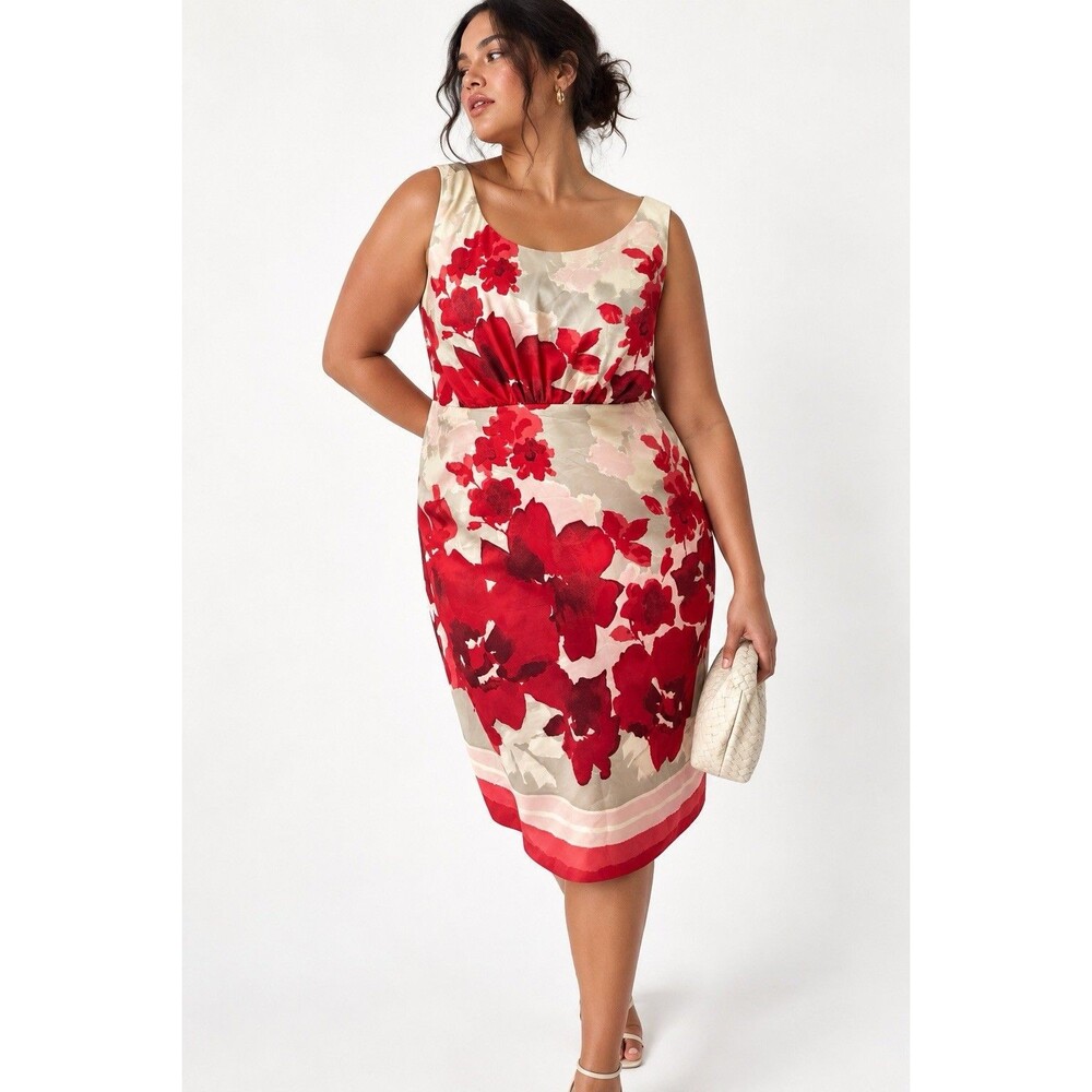 Donna Ricco New York 20W Red Floral Satin Sleeveless Sheath Dress Plus Size